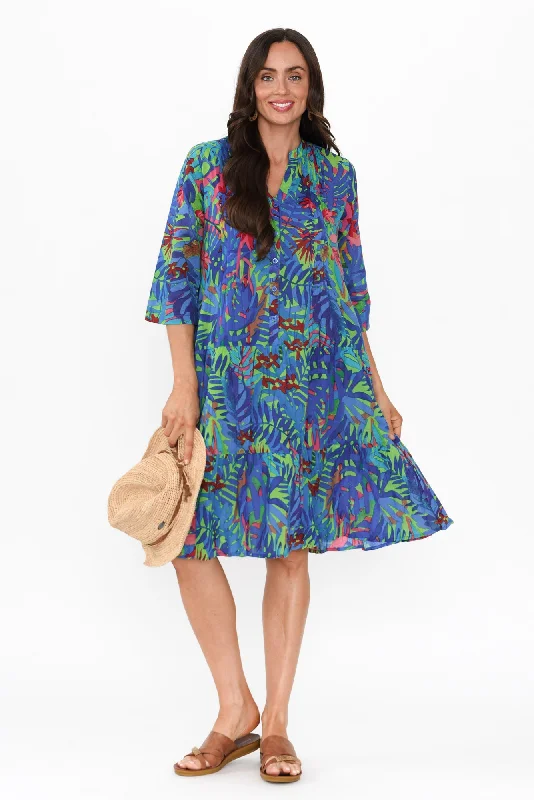 Midi dresses with puff sleeves for a vintage - inspired look Larissa Blue Leaf Cotton Pleated Dress Midi dresses with puff sleeves for a vintage - inspired look Larissa Blue Leaf Cotton Pleated Dress