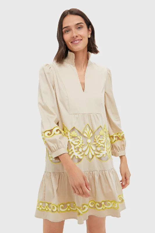 Midi dresses with keyhole backs for a flirty and unexpected detail Tan and Citron Embroidered Palmerston Dress