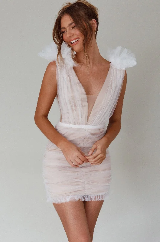 Mini dresses with patchwork designs for a unique style Ludivine Shoulder Accent Mesh Mini Dress White