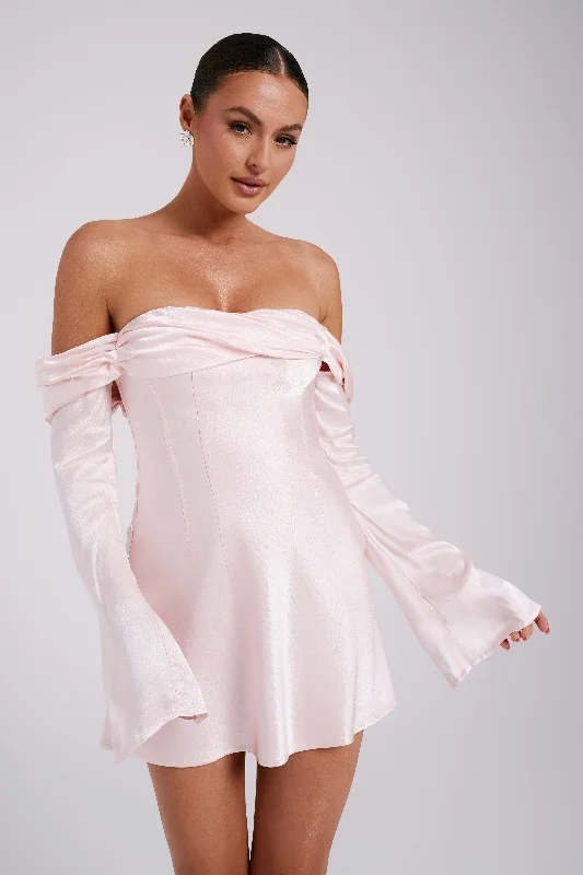 Mini dresses with halter necks for a stylish choice Giselle Off Shoulder Satin Mini Dress - Rosewater Mini dresses with halter necks for a stylish choice Giselle Off Shoulder Satin Mini Dress - Rosewater