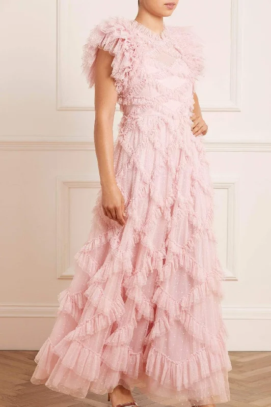 Wrap - style midi dresses in silk for a sophisticated office look Genevieve Ruffle Gown Wrap - style midi dresses in silk for a sophisticated office look Genevieve Ruffle Gown