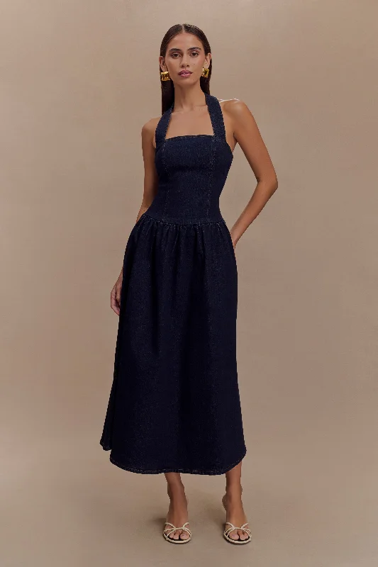 Midi dresses with ruched bodices for a feminine and fitted feel Caroline Denim Halter Midi Dress - Indigo Blue