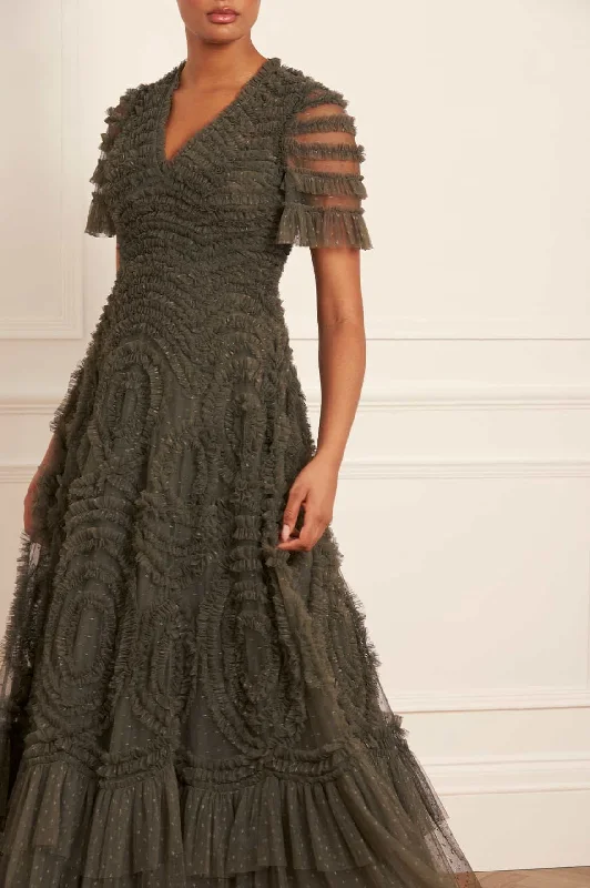 Midi dresses with belted waists to accentuate the figure Verity Ruffle V-Neck Gown