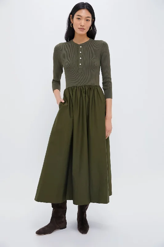 Midi dresses with cold - shoulder cutouts for a trendy style Canopy Olive Henley Long Sleeve Day Dress Midi dresses with cold - shoulder cutouts for a trendy style Canopy Olive Henley Long Sleeve Day Dress