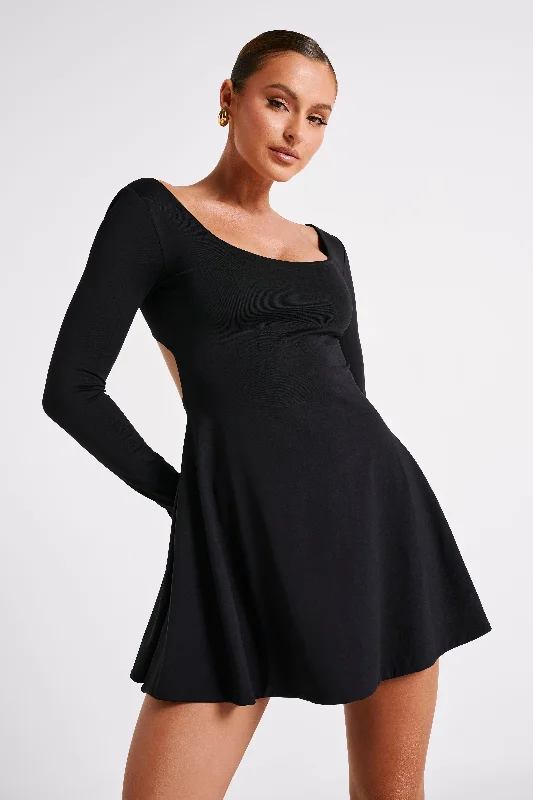 Mini dresses with asymmetric hems for a fashion - forward look Renee Recycled Nylon Long Sleeve Mini Dress - Black Mini dresses with asymmetric hems for a fashion - forward look Renee Recycled Nylon Long Sleeve Mini Dress - Black