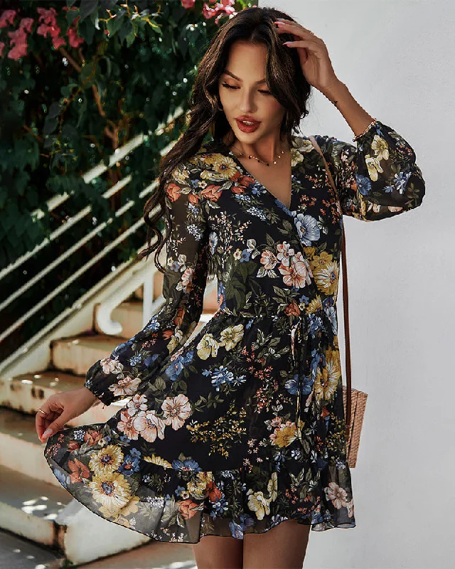 Mini dresses with tiered skirts for added volume Palazzo Floral Ruffle Wrap Dress