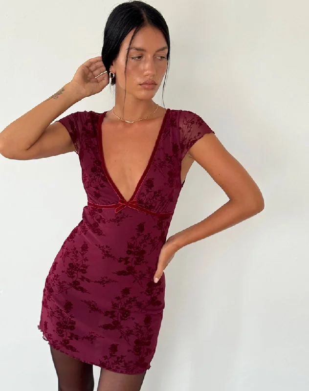 Mini dresses with button - down fronts Evilia Dress in Botanical Flower Maroon