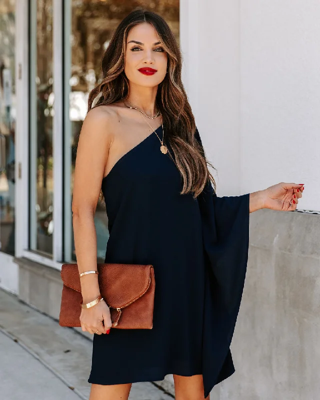 Mini dresses with V - necklines for a flattering shape Side To Side One Shoulder Statement Dress - Navy