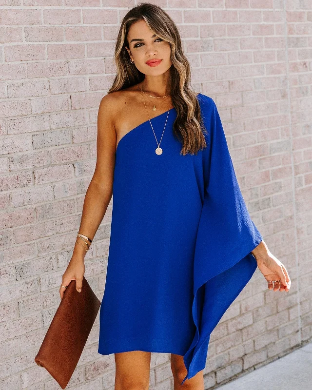 Mini dresses with belted waists for a defined silhouette Side To Side One Shoulder Statement Dress - Royal Blue Mini dresses with belted waists for a defined silhouette Side To Side One Shoulder Statement Dress - Royal Blue