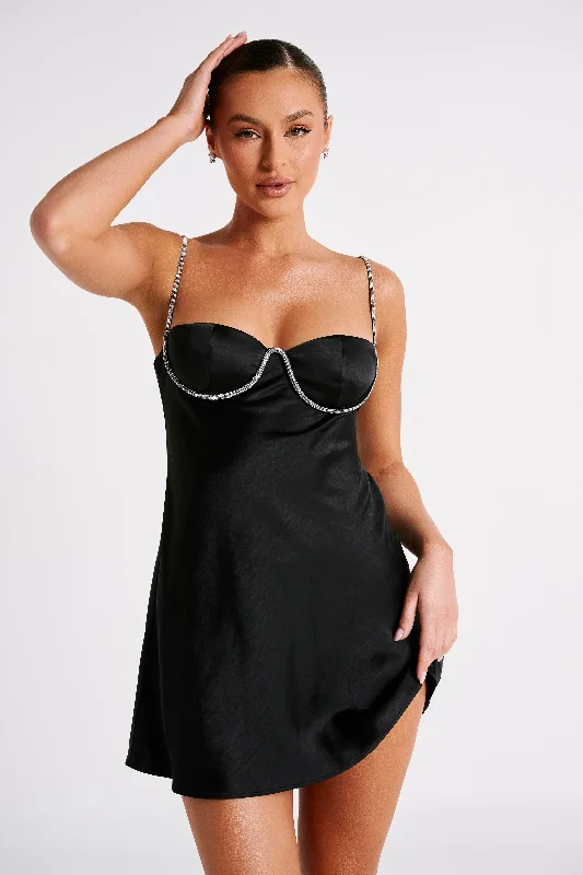 Mini dresses with belted waists for a defined silhouette Elora Satin Cupped Mini Dress With Diamante Rope - Black Mini dresses with belted waists for a defined silhouette Elora Satin Cupped Mini Dress With Diamante Rope - Black