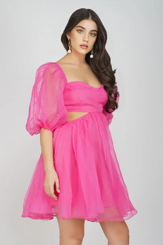 Plaid mini dresses for fall fashion Katja Bright Pink Puff Sleeve Dress