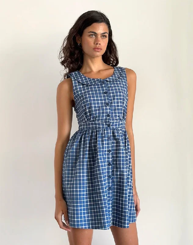 Mini dresses with geometric prints for a modern aesthetic Sokasi Mini Dress in Navy Tartan