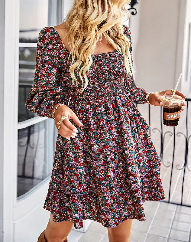 Mini dresses with V - necklines for a flattering shape Salma Smocked Floral Tiered Babydoll Dress Mini dresses with V - necklines for a flattering shape Salma Smocked Floral Tiered Babydoll Dress