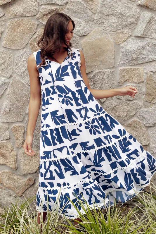 Midi dresses with abstract art prints for an artistic statement Brunswick Navy Mosaic Tiered Dress Midi dresses with abstract art prints for an artistic statement Brunswick Navy Mosaic Tiered Dress
