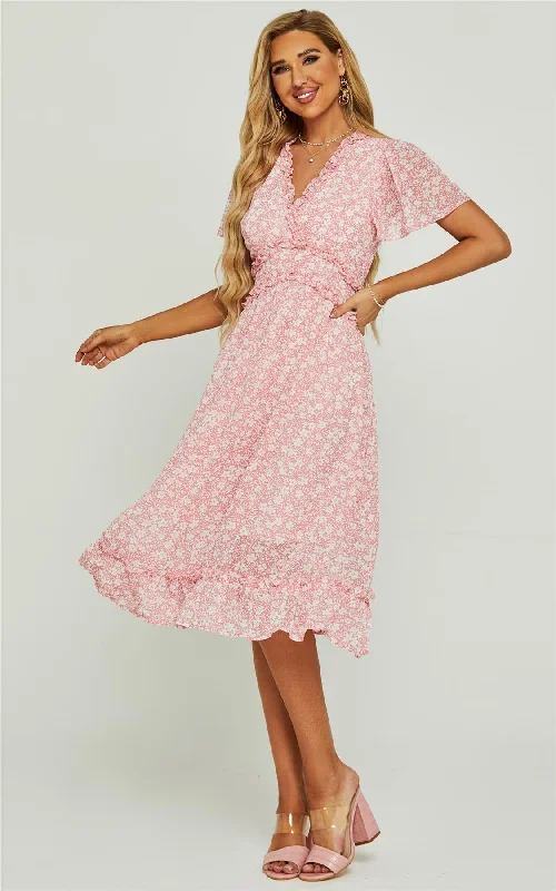 Midi dresses with ruched sleeves for a more fitted and stylish arm look Midikleid mit V-Ausschnitt, Rüschendetail und Engelsärmeln in rosa Flora-Print Midi dresses with ruched sleeves for a more fitted and stylish arm look Midikleid mit V-Ausschnitt, Rüschendetail und Engelsärmeln in rosa Flora-Print
