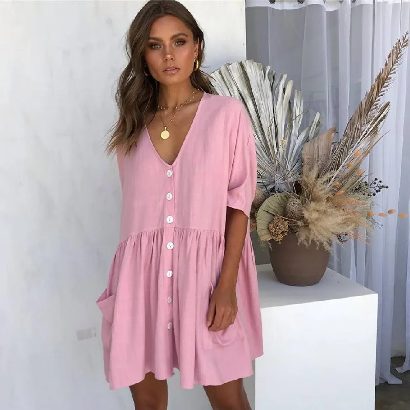 Mini dresses with one - shoulder designs Palmer Pocketed Button Down Babydoll Dress - Pink
