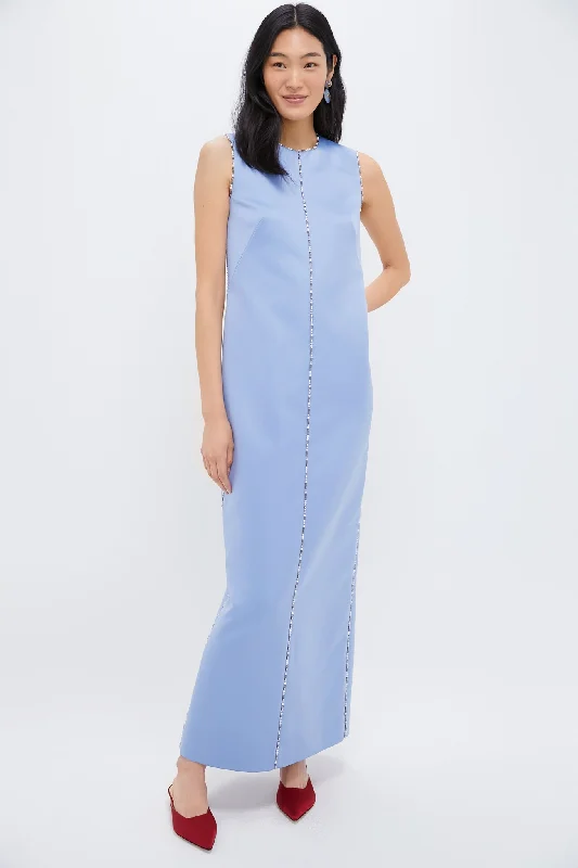Midi dresses with patchwork patterns for a one - of - a - kind style Baby Blue Amon Embroidered Doppio Satin Dress Midi dresses with patchwork patterns for a one - of - a - kind style Baby Blue Amon Embroidered Doppio Satin Dress