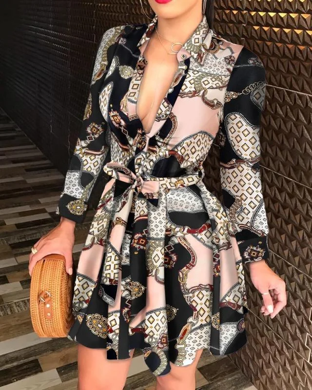 Satin mini dresses for a luxurious feel Rocky Printed Rope Tie Ruffle Dress