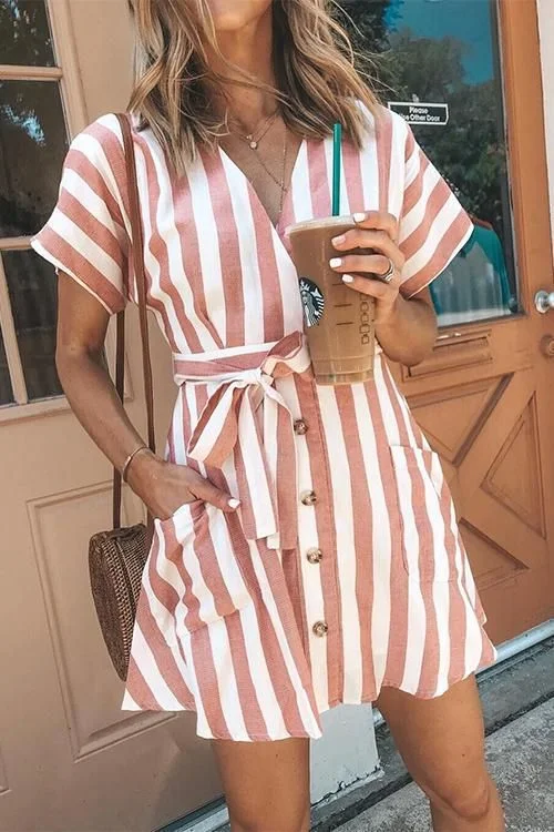 Mini dresses with puff sleeves for a vintage look Rishi Cotton Pocketed Striped Shirt Dress - Mocha Mini dresses with puff sleeves for a vintage look Rishi Cotton Pocketed Striped Shirt Dress - Mocha
