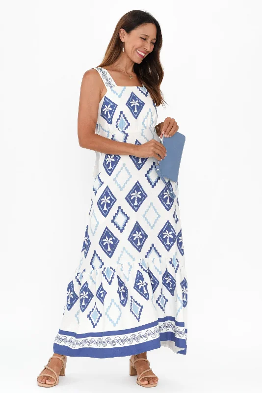 Midi dresses with cold - shoulder cutouts for a trendy style Bateau Blue Palm Linen Dress Midi dresses with cold - shoulder cutouts for a trendy style Bateau Blue Palm Linen Dress