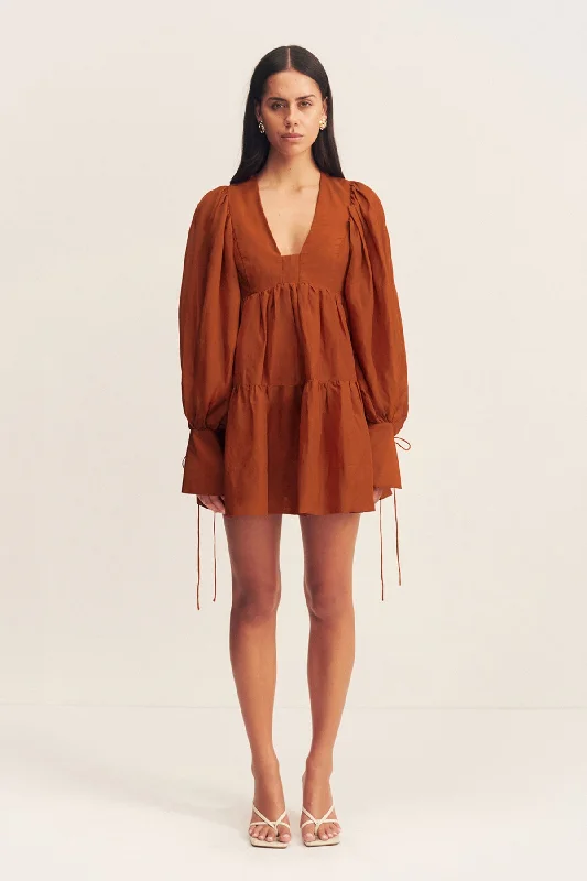 Cotton mini dresses for a comfortable everyday option CELESTE LONG SLEEVE MINI DRESS - RUST
