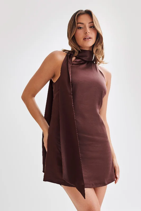 Mini dresses with fringe for a bohemian style Aubriella Halter Mini Dress With Tie - Dark Chocolate