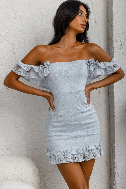 Mini dresses with bow accents for a sweet look Verona Off-Shoulder Lace Overlay Mini Dress Blue Mini dresses with bow accents for a sweet look Verona Off-Shoulder Lace Overlay Mini Dress Blue