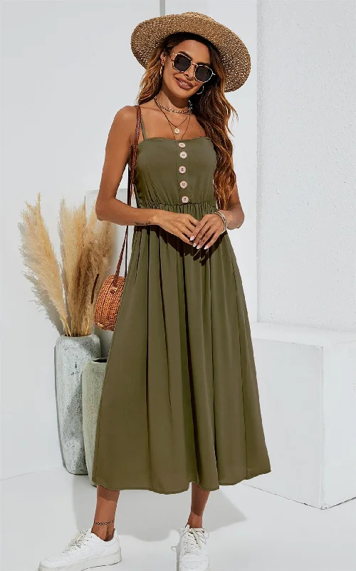 Maxi - inspired midi dresses with flowing fabrics for a beachy vibe Midikleid mit Knopfleiste und Riemchen in Olivgrün Maxi - inspired midi dresses with flowing fabrics for a beachy vibe Midikleid mit Knopfleiste und Riemchen in Olivgrün
