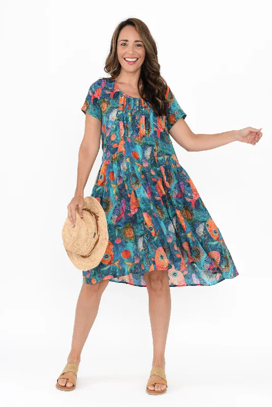 Midi dresses with fringe details for a fun and energetic style Hanoi Blue Sea Cotton Blend Dress Midi dresses with fringe details for a fun and energetic style Hanoi Blue Sea Cotton Blend Dress