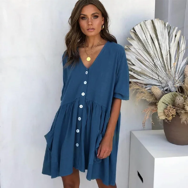 Mini dresses with polka dot patterns Palmer Pocketed Button Down Babydoll Dress - Blue