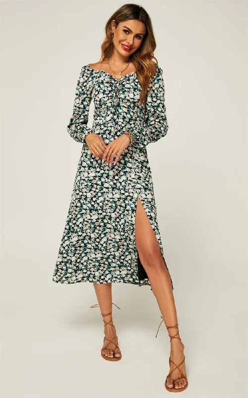 Midi dresses with one - shoulder designs for a modern and asymmetric style Langärmliges Mini-Midikleid mit Blumenmuster in Schwarz