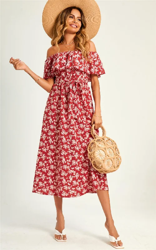 Midi dresses with V - necklines for a flattering and elongating effect Little Flora – Bardot-Midikleid mit Rüschenprint in Rot