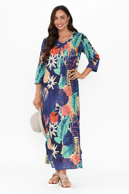 Midi dresses with ruched bodices for a feminine and fitted feel Apia Navy Geo Cotton Maxi Dress