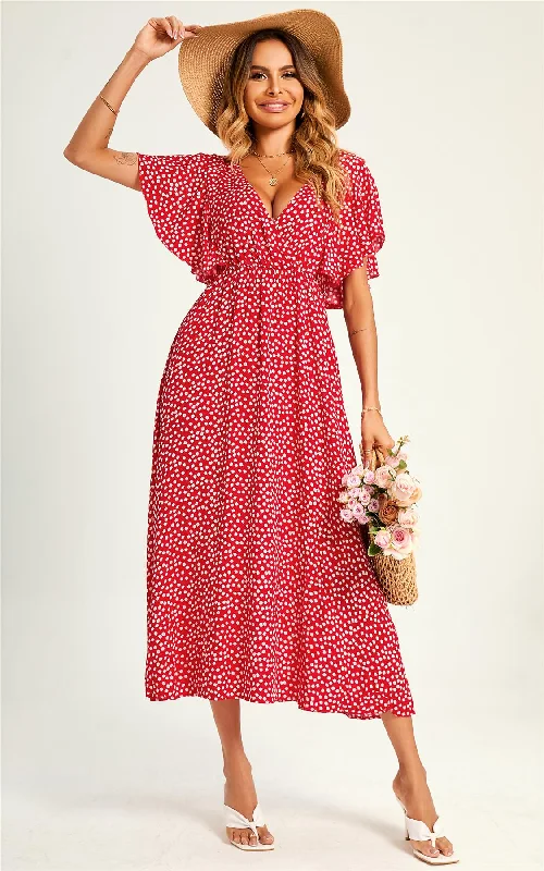 Midi dresses with bow accents for a sweet and charming look Little Flora – Rotes Midikleid mit Engelsärmeln Midi dresses with bow accents for a sweet and charming look Little Flora – Rotes Midikleid mit Engelsärmeln