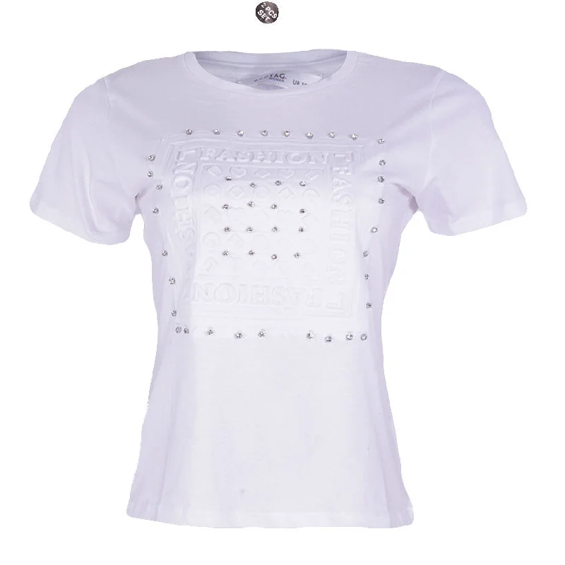 Women's Tight Trousers with Rhinestone Embellishments in Silver for a Sparkly LookREDTAG White Casual T-Shirt