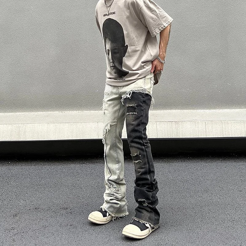 Distressed women jeans for a trendy and edgy lookColor Contrast Raw Edge Ripped Flared Jeans