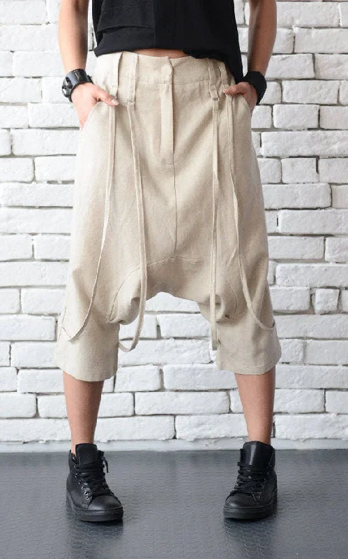 Plus Size Women's Embroidered Tight Trousers in White for a Feminine and Elegant StyleDrop Crotch Linen Pants