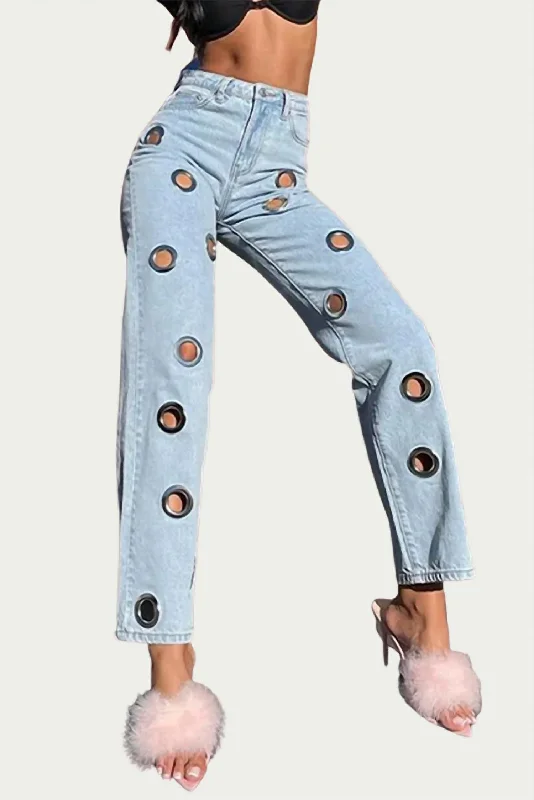 Wide - leg women jeans for a modern and relaxed vibeHigh-Rise Straight Leg Grommet Jeans In Light Blue