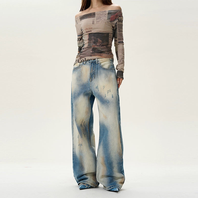 Button - fly women jeans with a traditional touchHigh-waist Wide-leg Distressed Jeans Button - fly women jeans with a traditional touchHigh-waist Wide-leg Distressed Jeans
