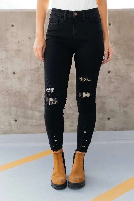 Embroidered women jeans with intricate patternsInto The Wild Distressed Skinny Jeans In Black Denim