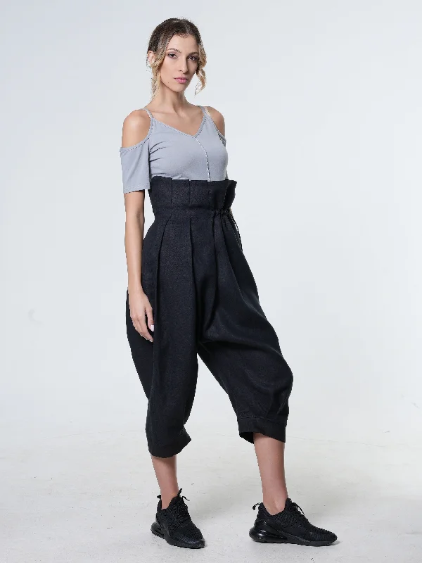 Plus Size Women's Stretch Cotton Tight Trousers in Navy for Comfortable Everyday WearLoose Linen Capris