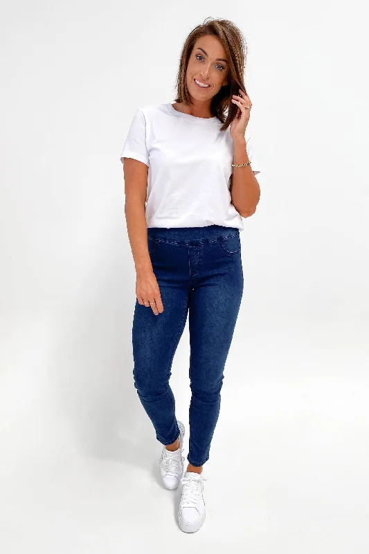 Women's Leather - Look Tight Trousers with Zipper Details in Dark Gray for an Urban StyleWakee Denim Moxy Pull On Jean Dark Blue