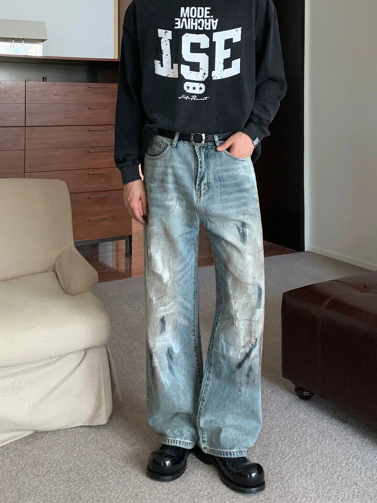 Plus - size women jeans for a comfortable and stylish fitWashed Dirty Wide-Leg Jeans