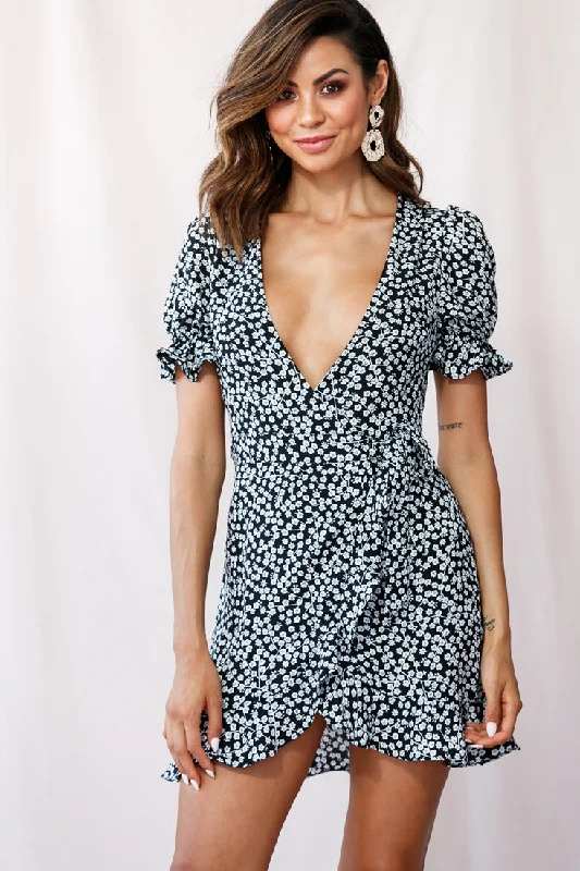 Off - the - Shoulder Women Dress for a Romantic and Feminine LookAbigail Wrap Front Puff Sleeve Dress Black Off - the - Shoulder Women Dress for a Romantic and Feminine LookAbigail Wrap Front Puff Sleeve Dress Black