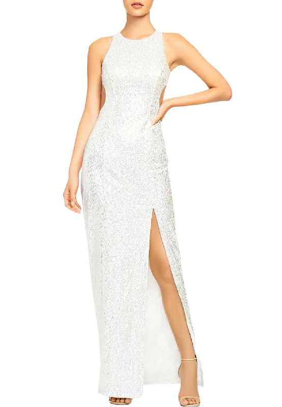 Mermaid - Style Women Dress with a Fitted Silhouette for Special OccasionsWhite Sequined Back Cutout Gown Mermaid - Style Women Dress with a Fitted Silhouette for Special OccasionsWhite Sequined Back Cutout Gown