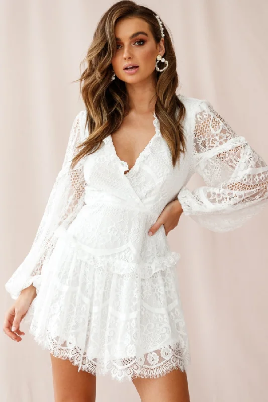 Strapless Women Dress with a Built - in Bra for Comfort and SupportAlbany Lace Up Back Frill Dress White