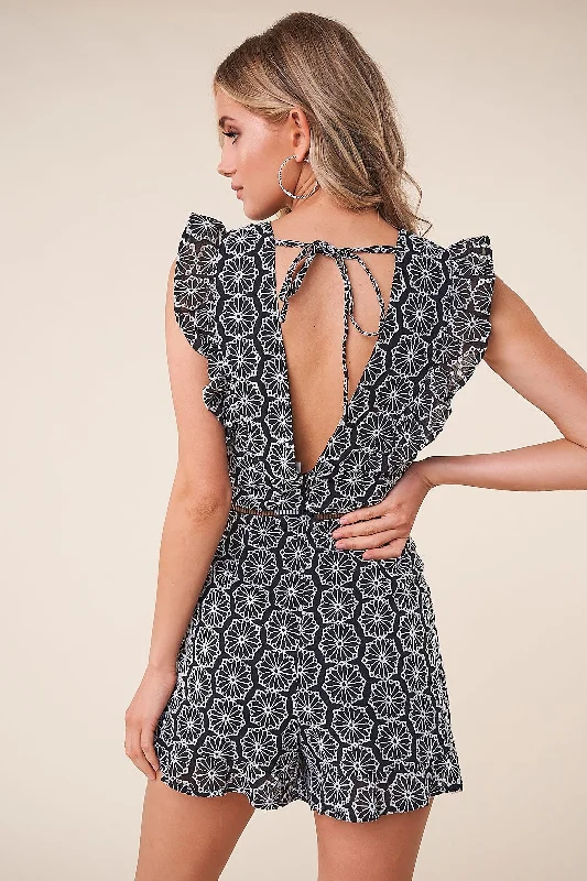 Women jumpsuits with fringe accents for a bohemian and fun - loving styleAmora Sleeveless Crochet Romper