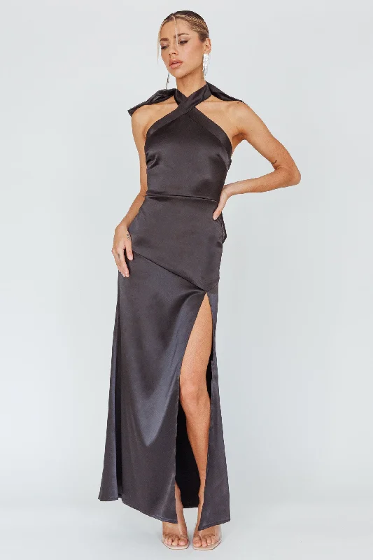 Ruffled Women Dress with Multiple Layers for a Playful and Girly StyleAndria Halterneck Bow Satin Maxi Dress Black