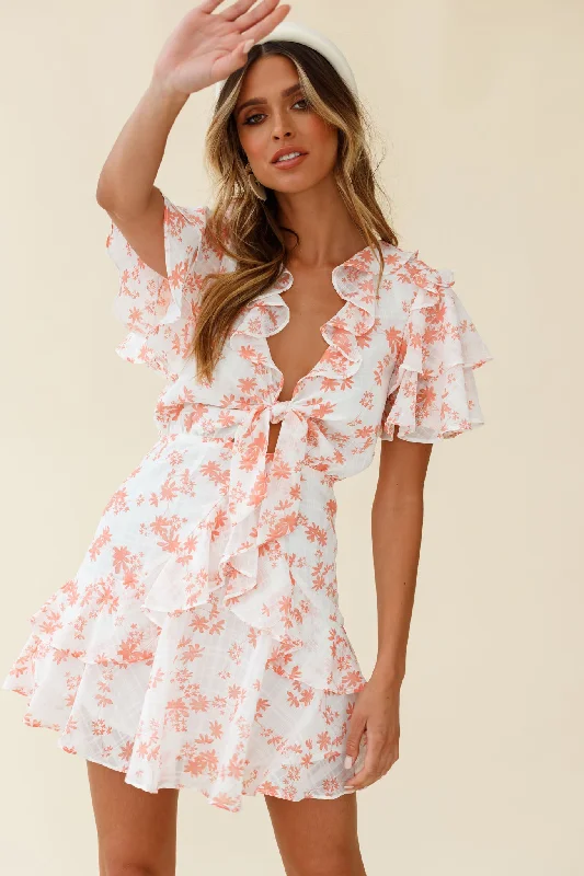Wrap - Style Women Dress with Adjustable Fit for All Body TypesAubrey Tied Bust Ruffle Trim Dress Floral Print Pink