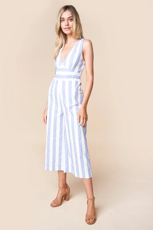 Women jumpsuits with pom - pom trims for a playful and festive lookBahama Mama Striped Halter Jumpsuit